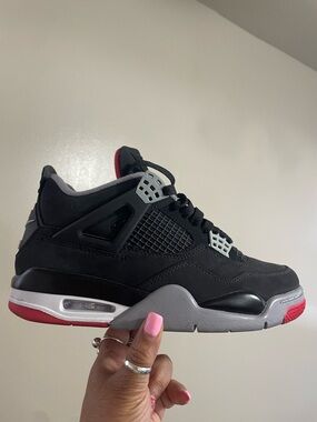 Black and Grey Retro 4 High-Top Sneakers with Red Accents